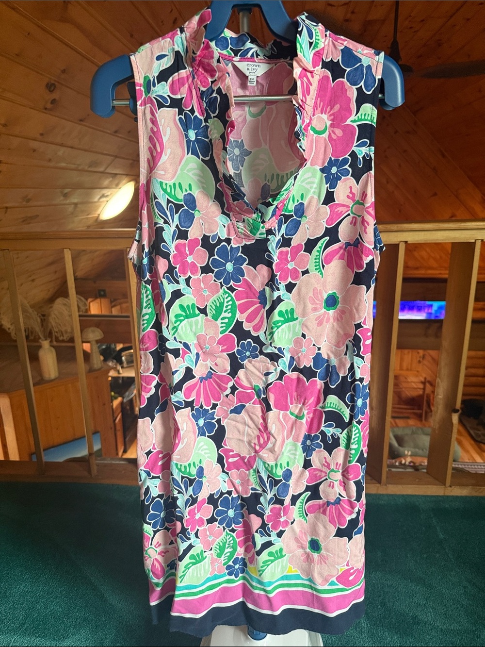 crown & ivy Navy Pink Green Floral Ruffle Neck One-Piece